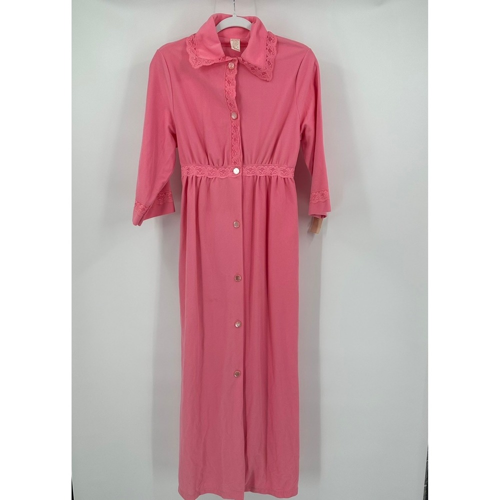Texsheen Womens Vintage Mod Robe Housecoat Size M‎ Pink Lace Trim Peignoir Long
